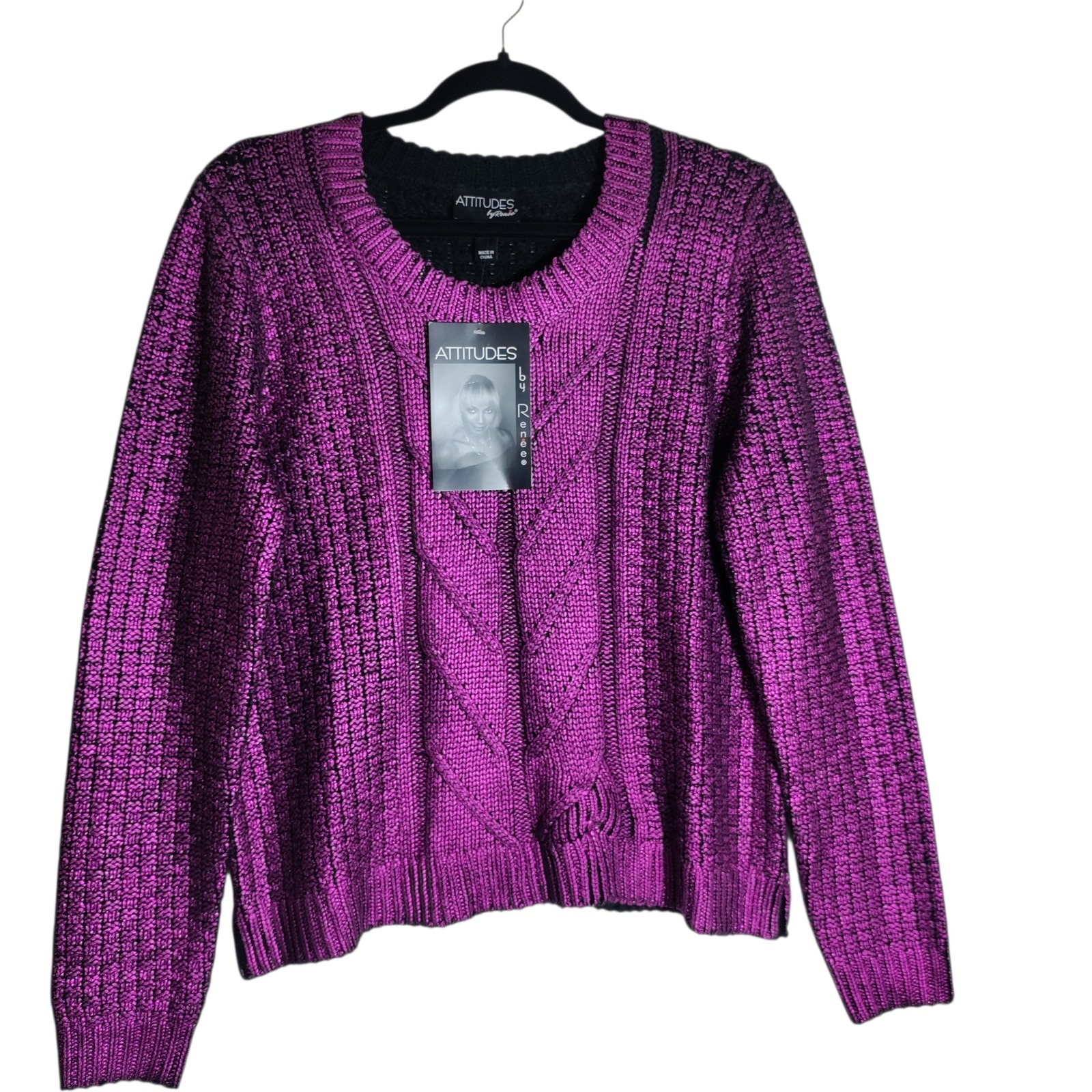 Attitudes By Renee Metallic Purple Cable Knit Sweater Xl Magenta Shimmer